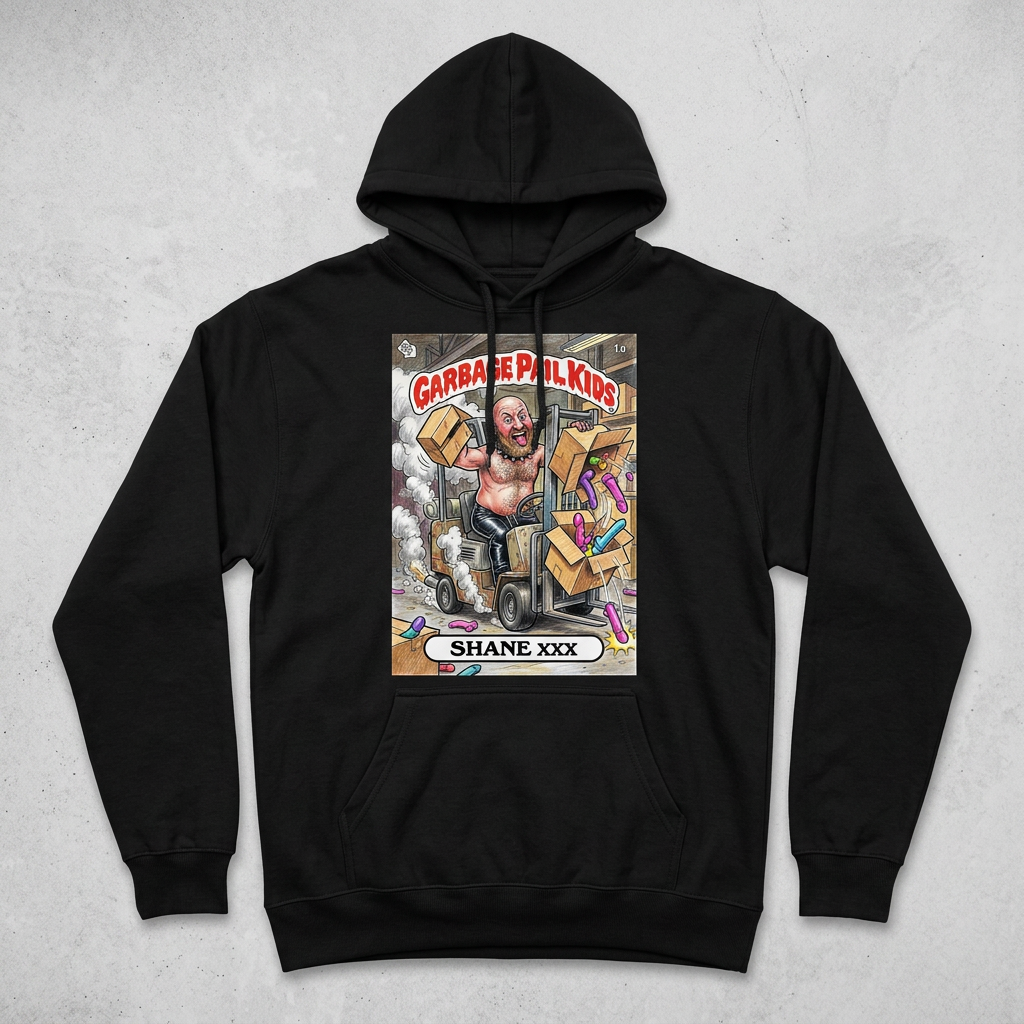 Shane's art printed on a black hoodie